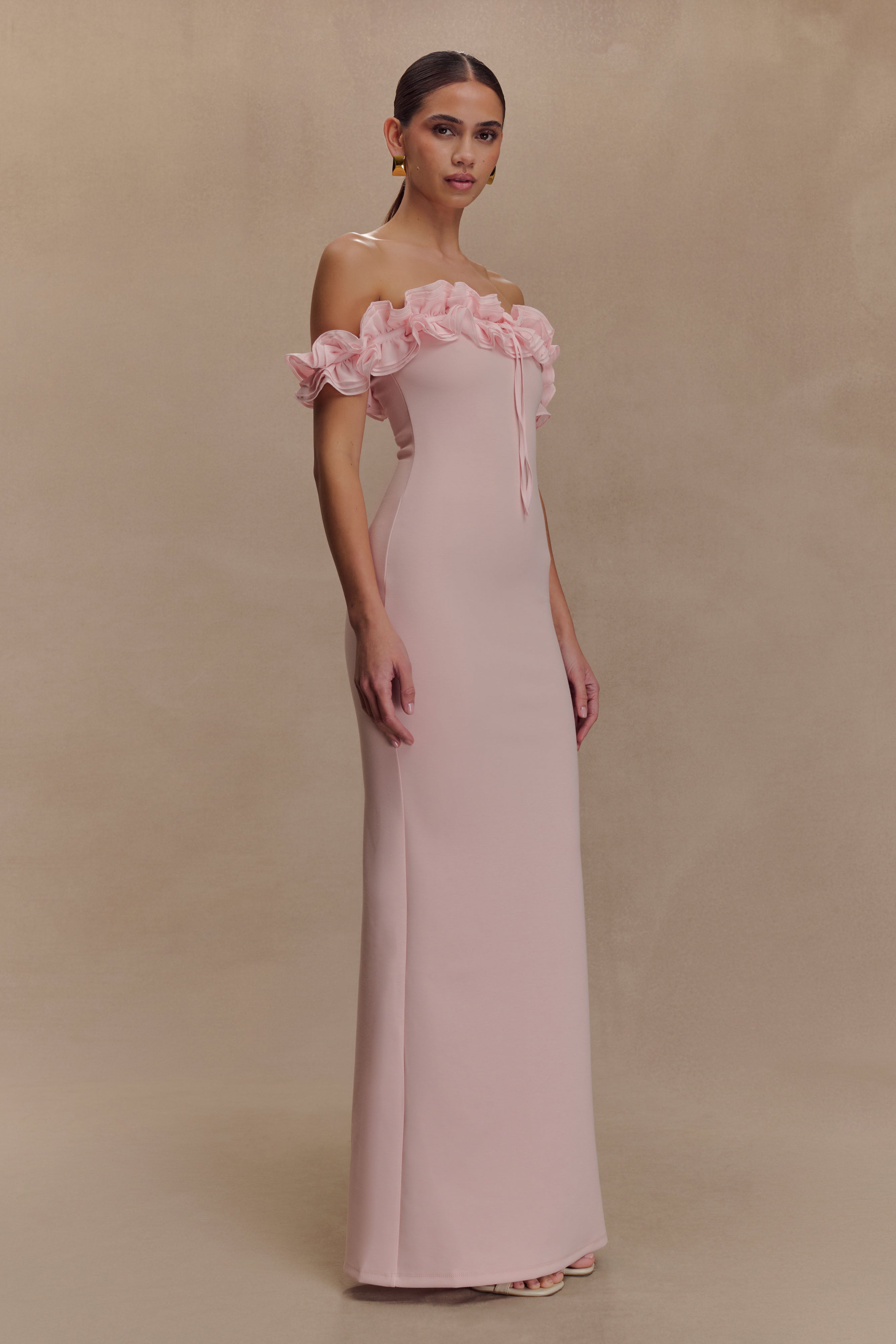 Nova Ruffle Off Shoulder Maxi Dress - Ballet Pink